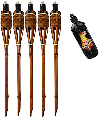 Moritz 5X Bambusfackeln Fackel Deluxe 90 cm Dunkelbraun + 1x 1000ml Lampenöl Gartenfackel Ölfackeln Garten Deko Öllampe Wegleuchte von Moritz