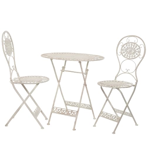 Moritz Bistro Set Tisch oval + 2 Stühle weiß antik 3-teilig Sitzgruppe Balkonmöbel Gartendeko Set Bistrotisch Bistrostühle aus Gusseisen von Moritz