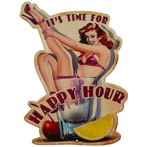 Moritz Blechschild 32 x 45 cm Happy Hour Drinks Cocktail Bar Lady Deko Metallschild Retro Vintage Retro Sprüche lustig von Moritz