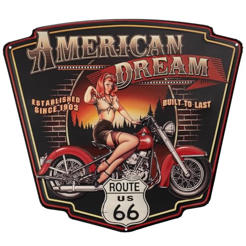 Moritz Blechschild 50 x 44 cm American Dream Route 66 US Motorrad Frau Deko Metallschild Retro Vintage Retro Sprüche lustig von Moritz
