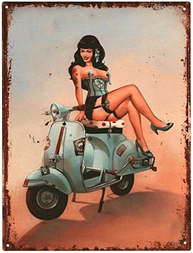 Moritz Deko Blechschild Burlesque Frau mit Roller Sexy Frau 25 x 33 cm Metallschild Retro Vintage-Design zur Dekoration Wanddekoration von Moritz