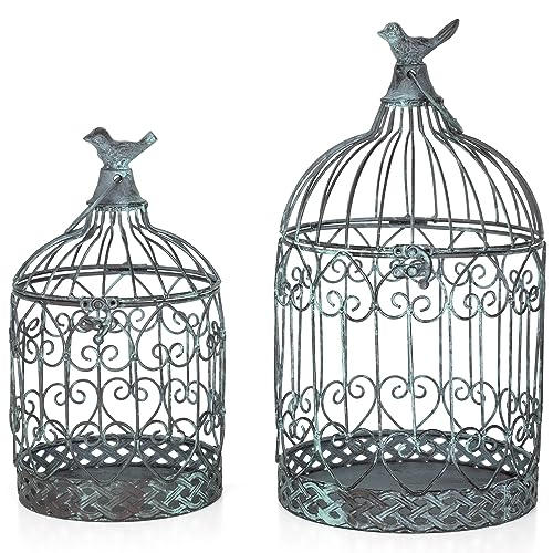 Moritz Deko-Vogelkäfig grünlich rund 2er Set verziert mit Vogeldekor Pflanzkäfig Dekokäfig für Blumen Kerzen Dekoration Hängedeko Windlicht von Moritz