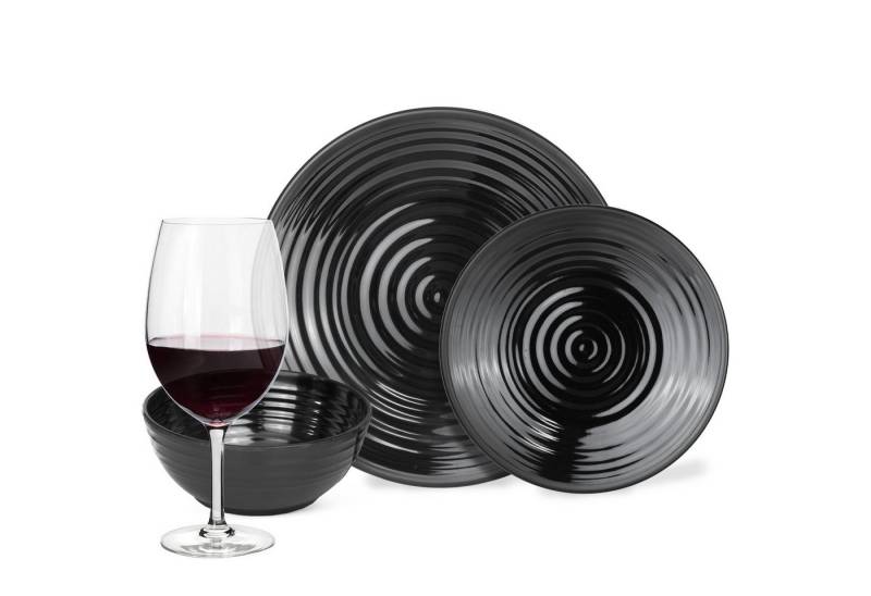 Moritz Geschirr-Set 2011647-Variation Stone Dark Black + Milano + Tiamo Gläser, 28 tlg, Geschirrset Campinggeschirr Picknick Geschirr Bootsgeschirr von Moritz