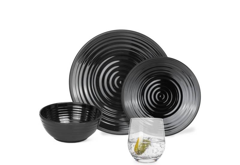 Moritz Geschirr-Set 2011647-Variation Stone Dark Black + Milano + Tiamo Gläser, 28 tlg, Geschirrset Campinggeschirr Picknick Geschirr Bootsgeschirr von Moritz