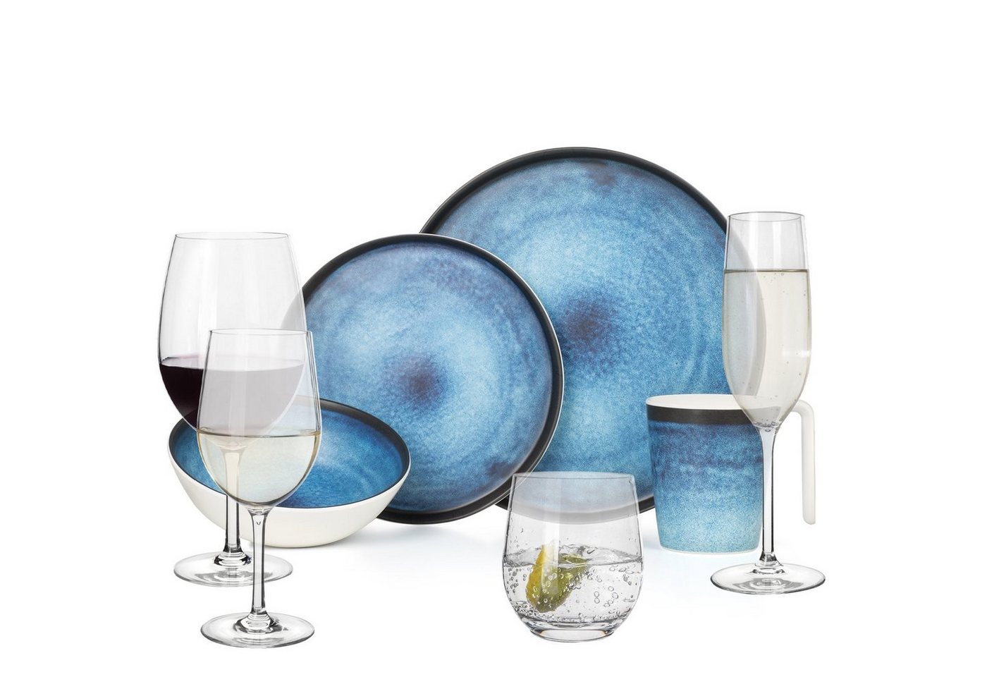 Moritz Geschirr-Set Camping Geschirr Deep Ocean + 16 Tiamo Gläsern von Moritz