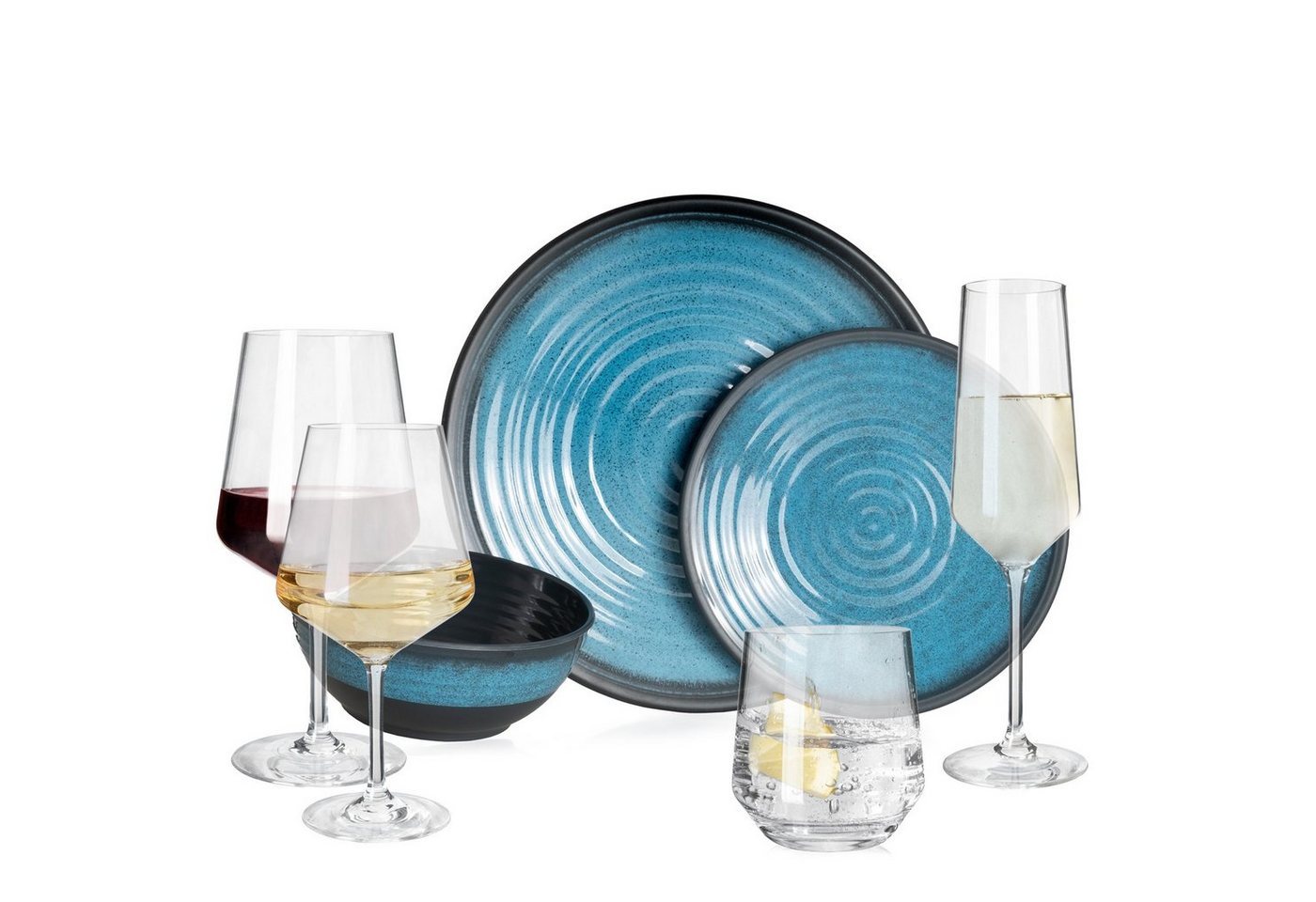 Moritz Geschirr-Set Camping Geschirr Stone Blue, Melamin, 12 - 28 tlg, Geschirrset Campinggeschirr Picknick Set 4 Personen von Moritz