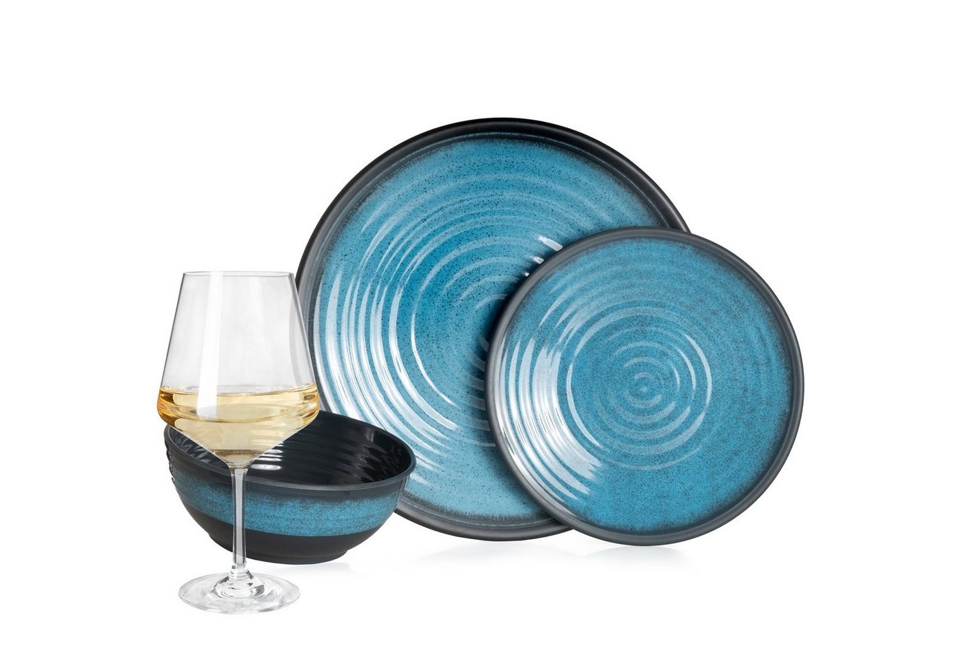 Moritz Geschirr-Set Camping Geschirr Stone Blue, Melamin, 12 - 28 tlg, Geschirrset Campinggeschirr Picknick Set 4 Personen von Moritz