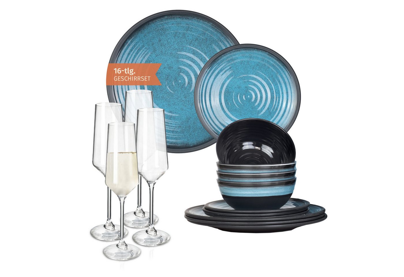 Moritz Geschirr-Set Camping Geschirr Stone Blue + Milano Champagnergläser von Moritz