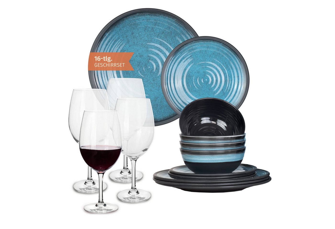 Moritz Geschirr-Set Camping Geschirr Stone Blue + Tiamo Rotweingläsern von Moritz