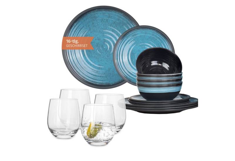 Moritz Geschirr-Set Camping Geschirr Stone Blue + Tiamo Wassergläsern von Moritz