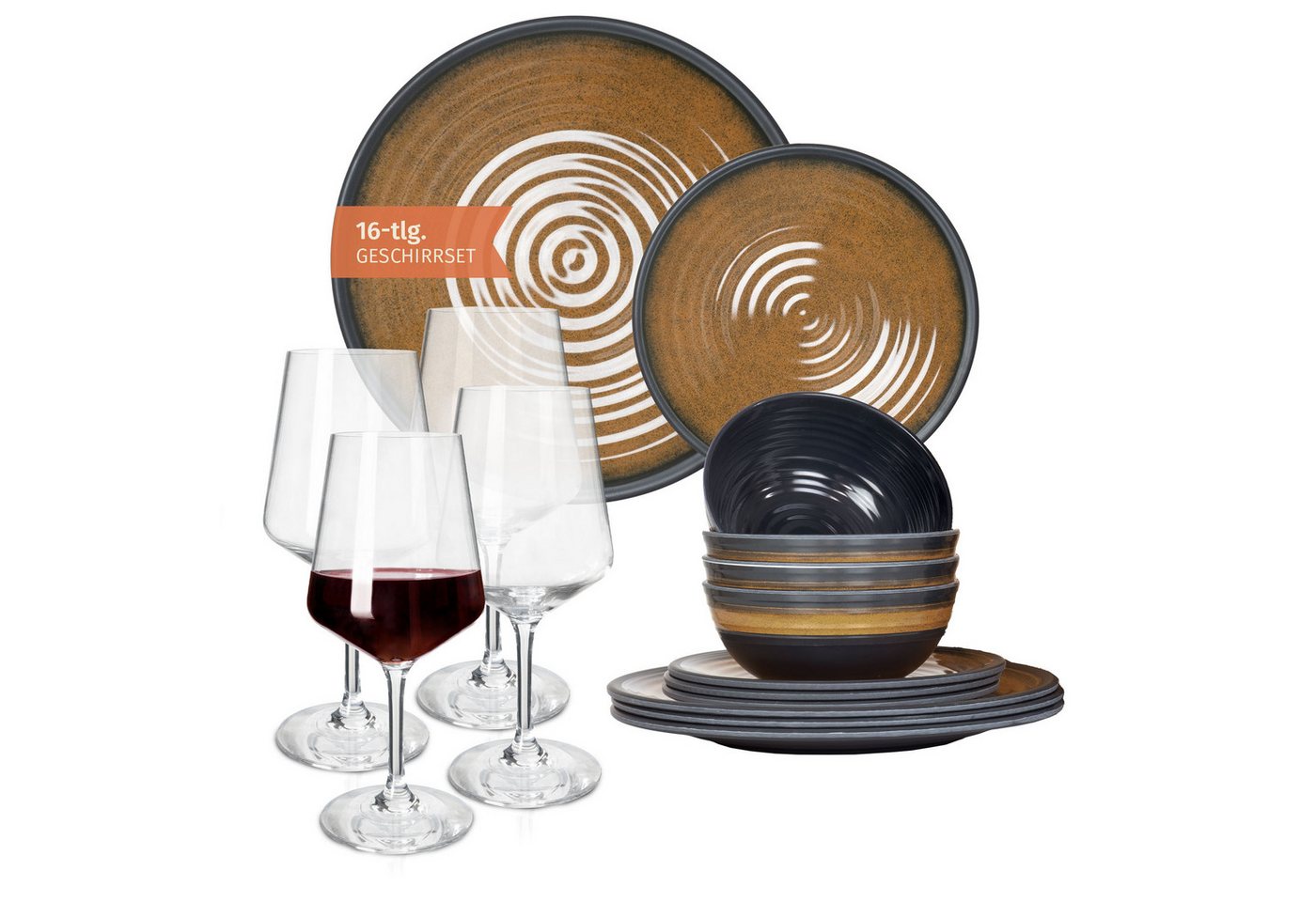 Moritz Geschirr-Set Camping Geschirr Stone Curry + Milano Rotweingläsern von Moritz