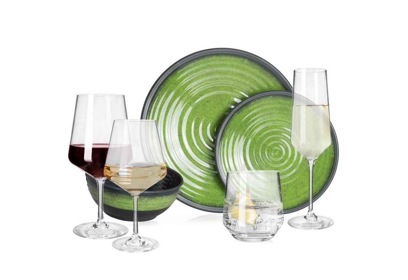 Moritz Geschirr-Set Camping Geschirr Stone Green, Melamin, 12 - 28 tlg, Geschirrset Campinggeschirr Picknick Set 4 Personen von Moritz