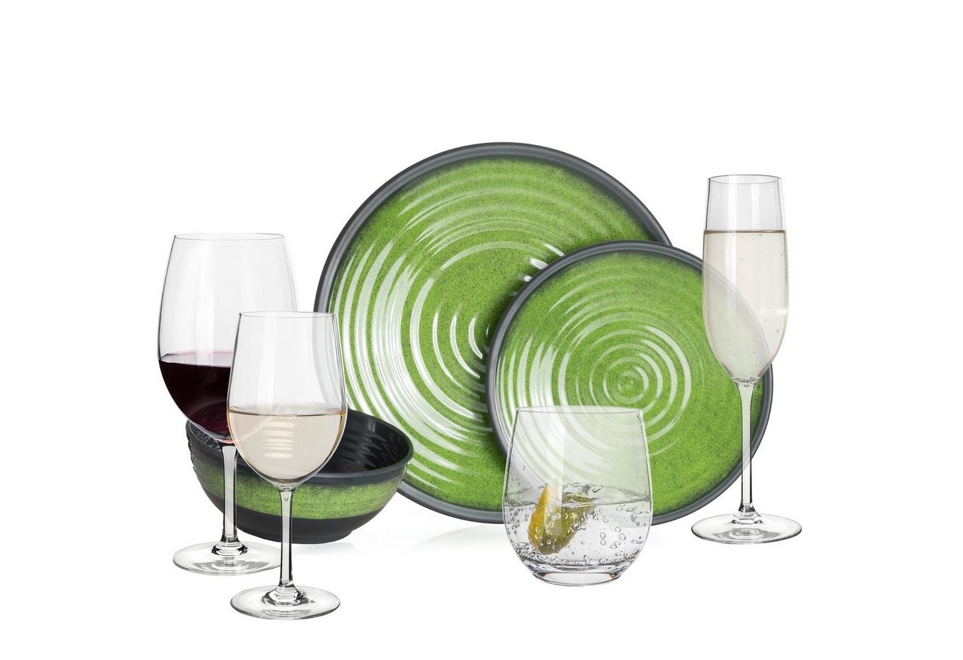 Moritz Geschirr-Set Camping Geschirr Stone Green, Melamin, 12 - 28 tlg, Geschirrset Campinggeschirr Picknick Set 4 Personen von Moritz