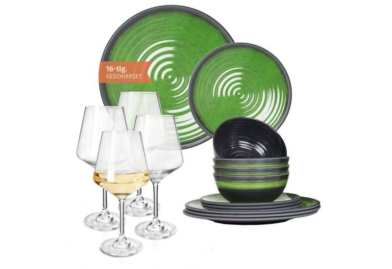 Moritz Geschirr-Set Camping Geschirr Stone Green, Melamin, 12 - 28 tlg, Geschirrset Campinggeschirr Picknick Set 4 Personen von Moritz