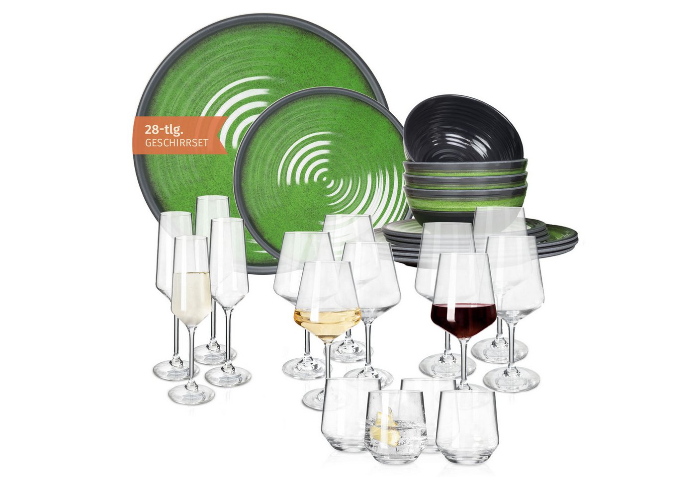 Moritz Geschirr-Set Camping Geschirr Stone Green + 16 Milano Gläsern von Moritz