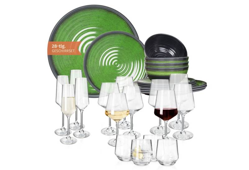 Moritz Geschirr-Set Camping Geschirr Stone Green + 16 Milano Gläsern von Moritz