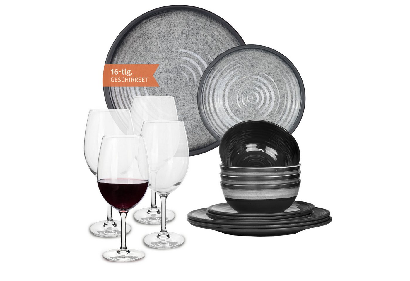 Moritz Geschirr-Set Camping Geschirr Stone Grey + Tiamo Rotweingläsern von Moritz