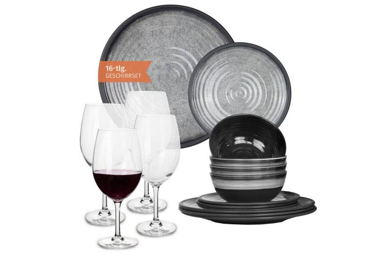 Moritz Geschirr-Set Camping Geschirr Stone Grey + Tiamo Rotweingläsern von Moritz