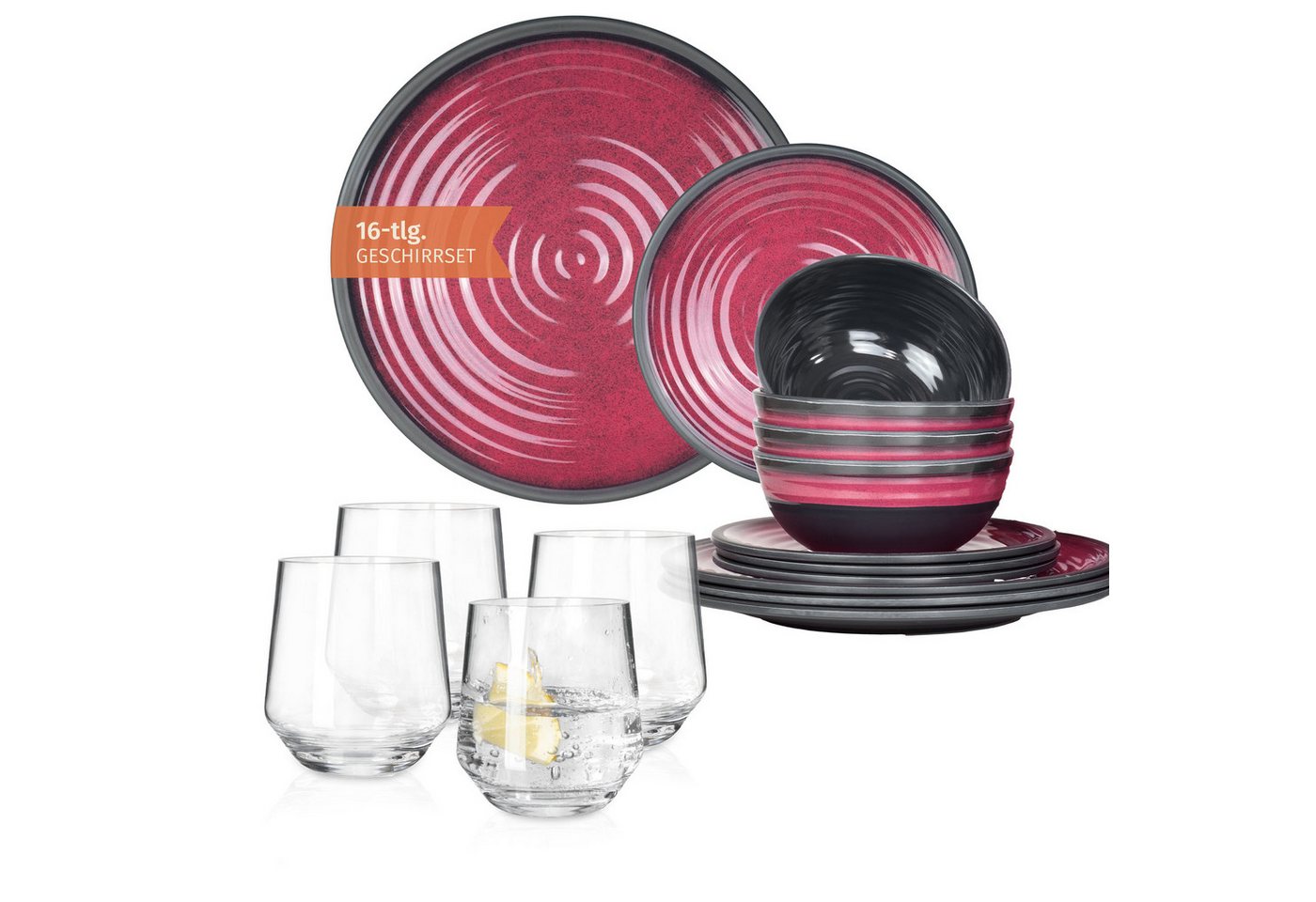 Moritz Geschirr-Set Camping Geschirr Stone Red + 4 Milano Wassergläser von Moritz