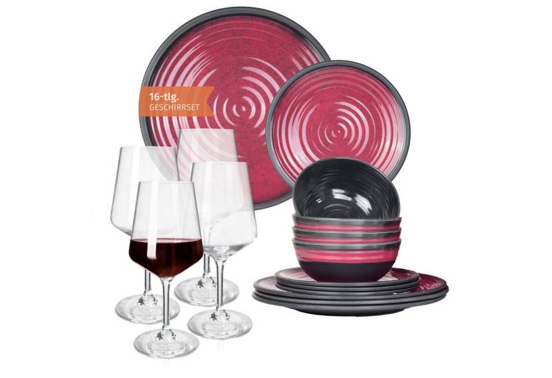 Moritz Geschirr-Set Camping Geschirr Stone Red + Milano Rotweingläser von Moritz