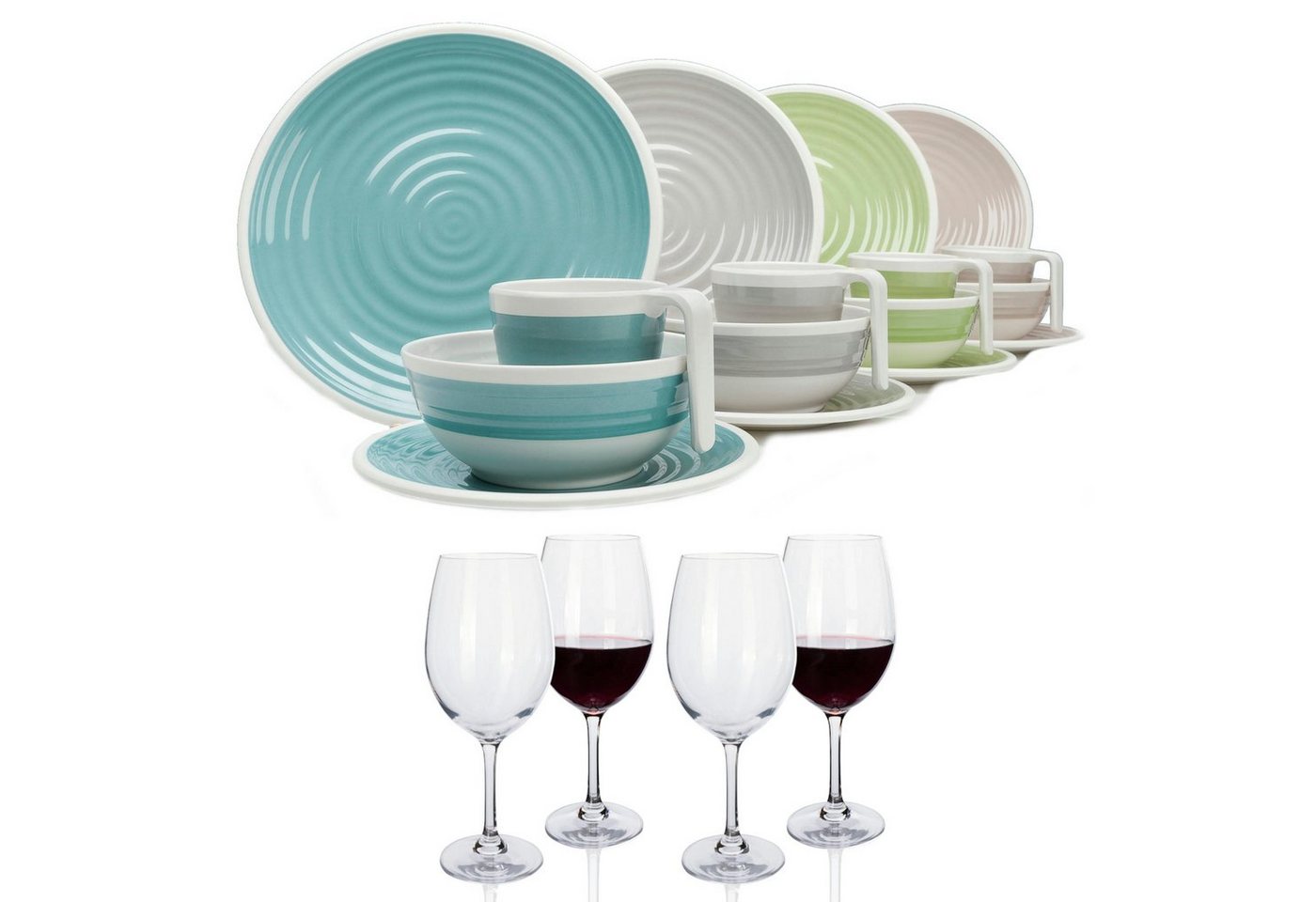 Moritz Geschirr-Set Harmonie Camping Geschirr Set 4 Personen + 4 Rotweingläser von Moritz