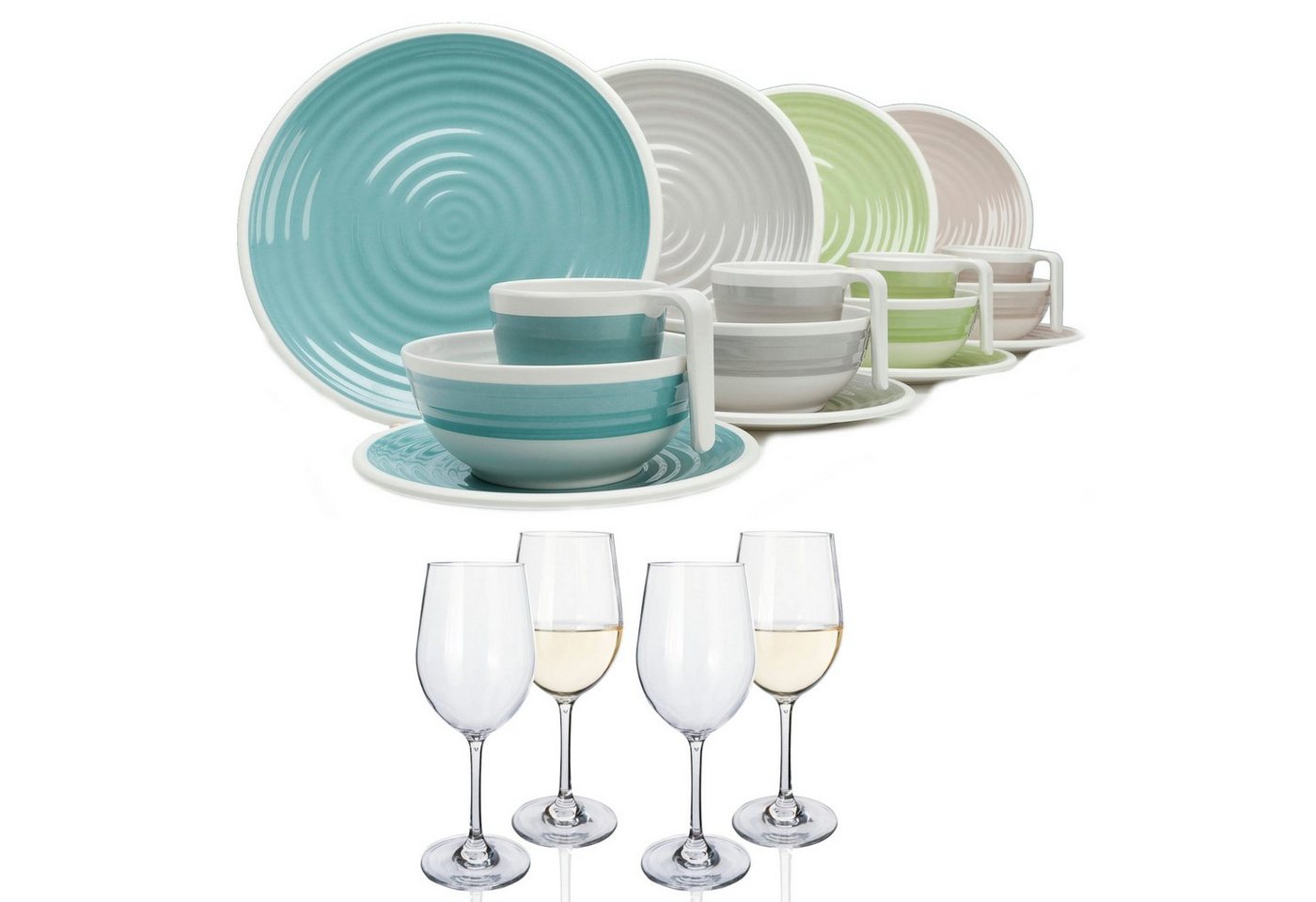 Moritz Geschirr-Set Harmonie Camping Geschirr Set 4 Personen + 4 Weißweingläser von Moritz