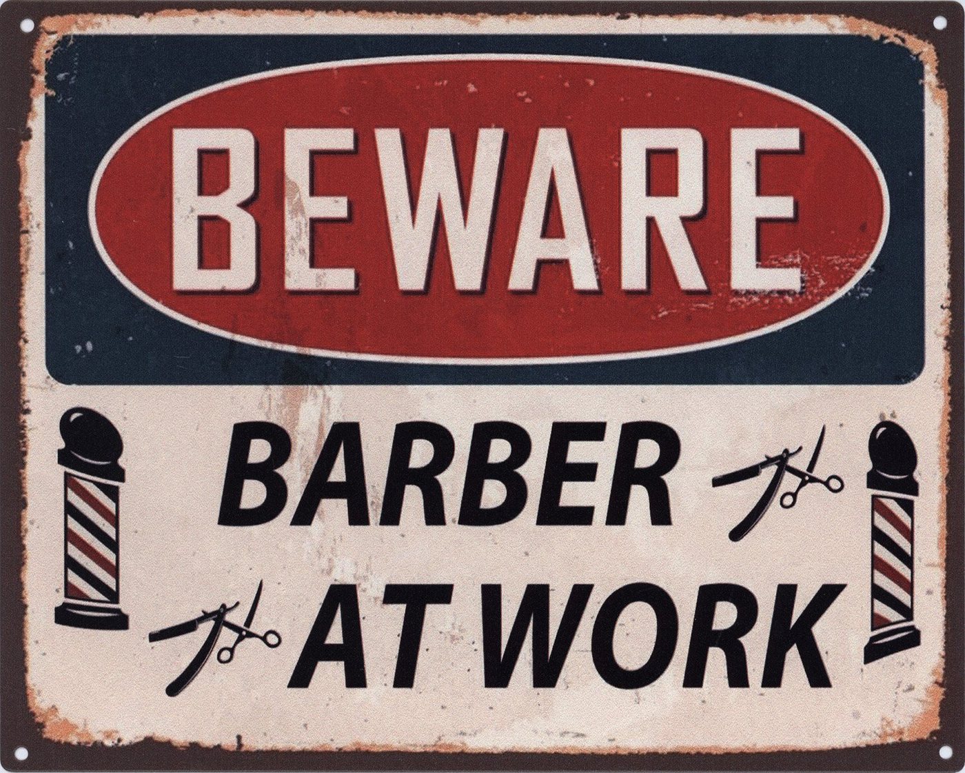 Moritz Metallschild Blechschild Beware Barber at work, Vintage Nostalgie Retro Schilder Bar-, Garagen-, Küchen-Dekoration von Moritz