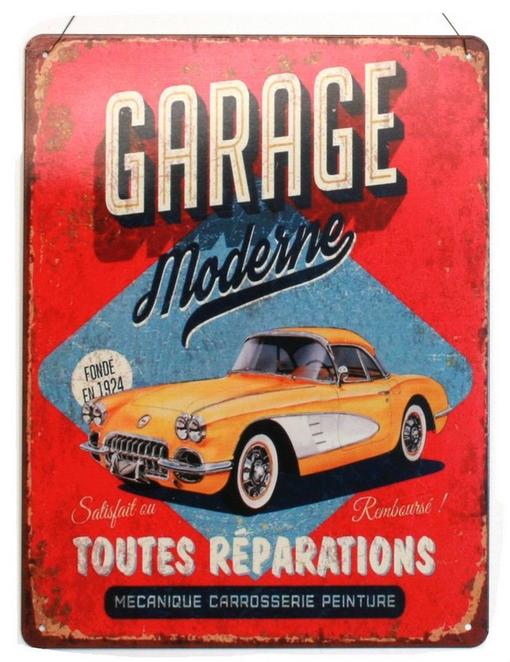 Moritz Metallschild Blechschild Garage Moderne Toutes Réparations gelbes Auto, (Einzeln), 25 x 33cm Vintage Retro Deko Schild Metallschild Wandbild Schild von Moritz