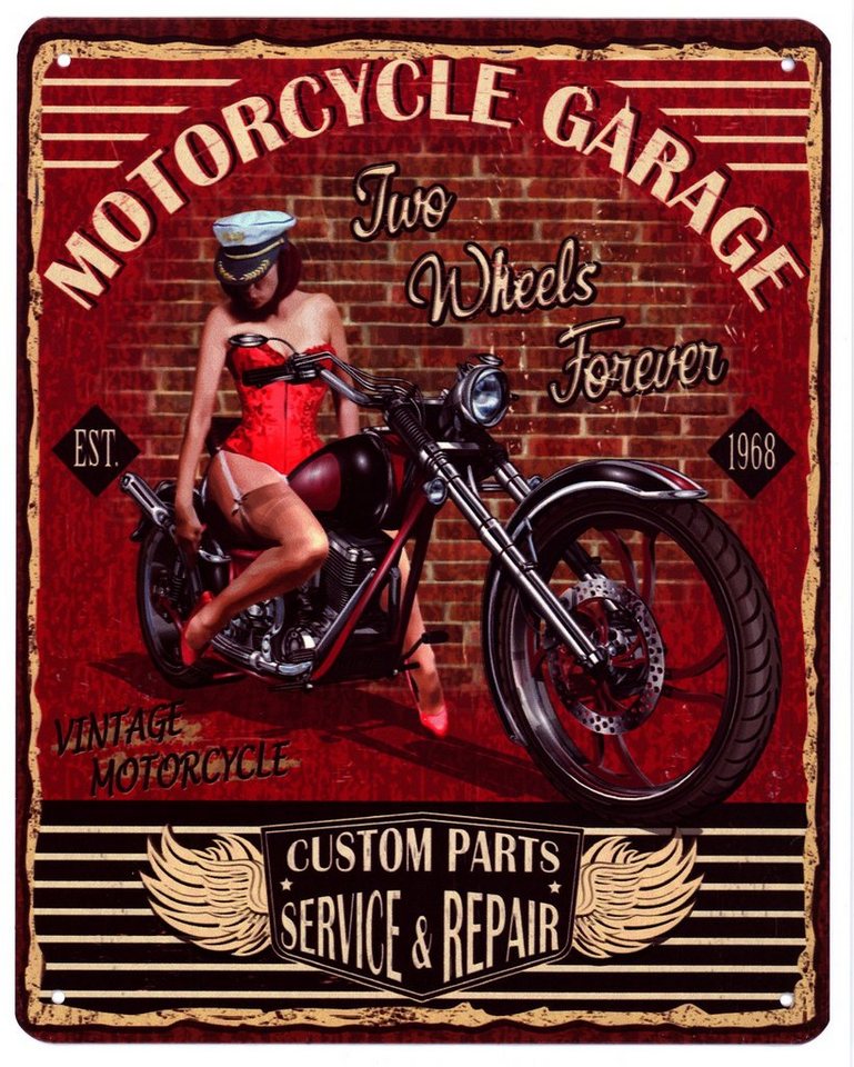 Moritz Metallschild Blechschild Motorcycle Garage Two Wheels Forever, (Einzeln), 20 x 25cm Vintage Retro Deko Schild Metallschild Wandbild Schild von Moritz