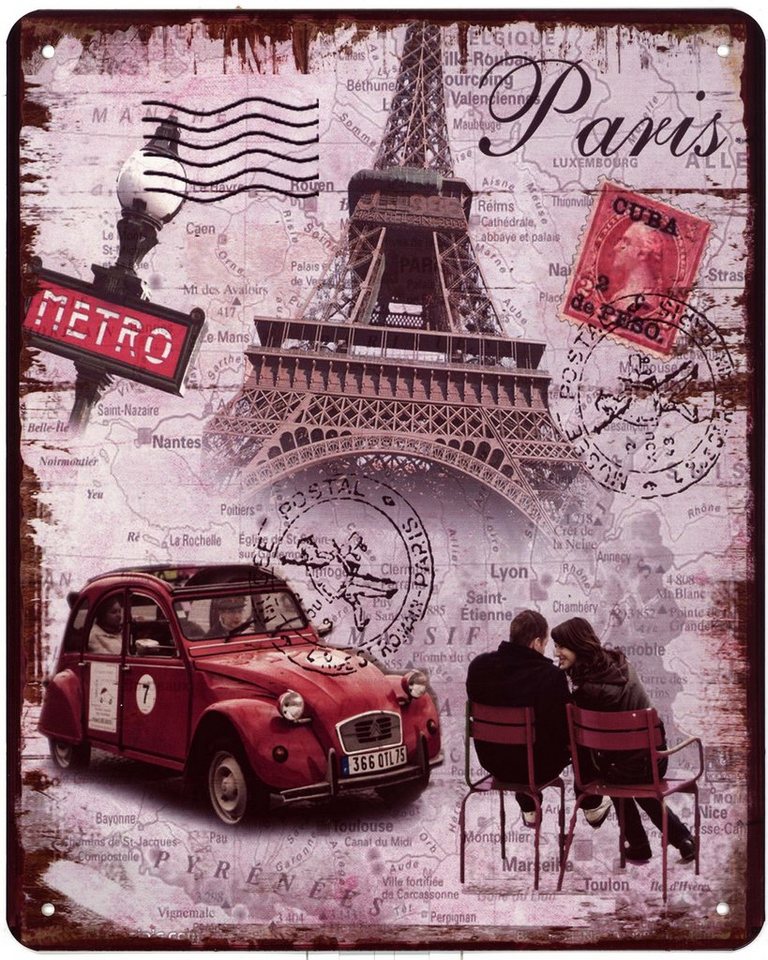 Moritz Metallschild Blechschild Paris Eifelturm Metro, (Einzeln), 20 x 25cm Vintage Retro Deko Schild Metallschild Wandbild Schild von Moritz