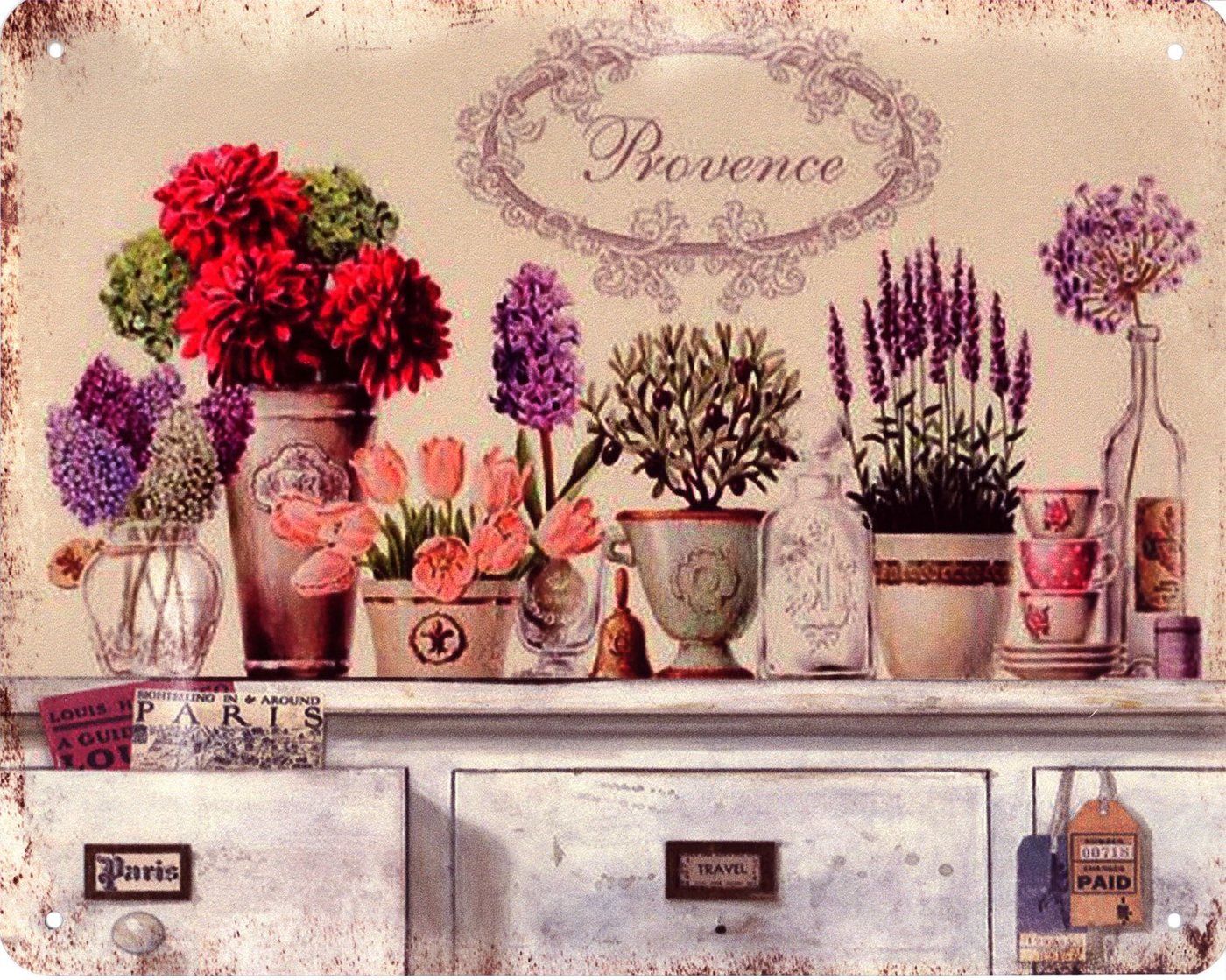 Moritz Metallschild Blechschild Provence bunte Blumen Töpfe, (Einzeln), Spruch von Moritz