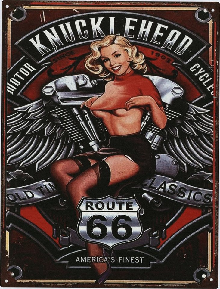 Moritz Metallschild Blechschild Route 66 Motorrad Frau, Vintage Nostalgie Retro Schilder Bar-, Garagen-, Küchen-Dekoration von Moritz