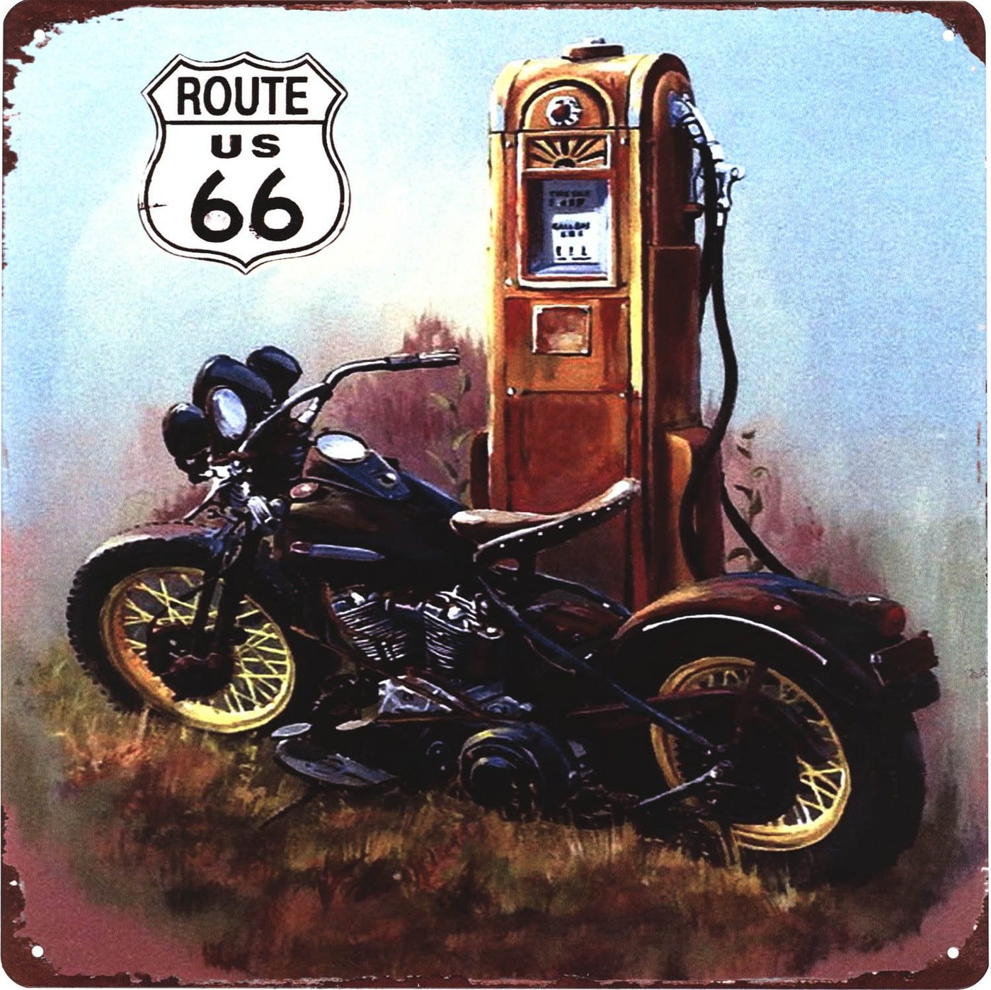 Moritz Metallschild Blechschild Route 66 US Motorrad Zapfsäule, (Einzeln), 30 x 30 cm Vintage Retro Deko Schild Metallschild Wandbild Schild von Moritz