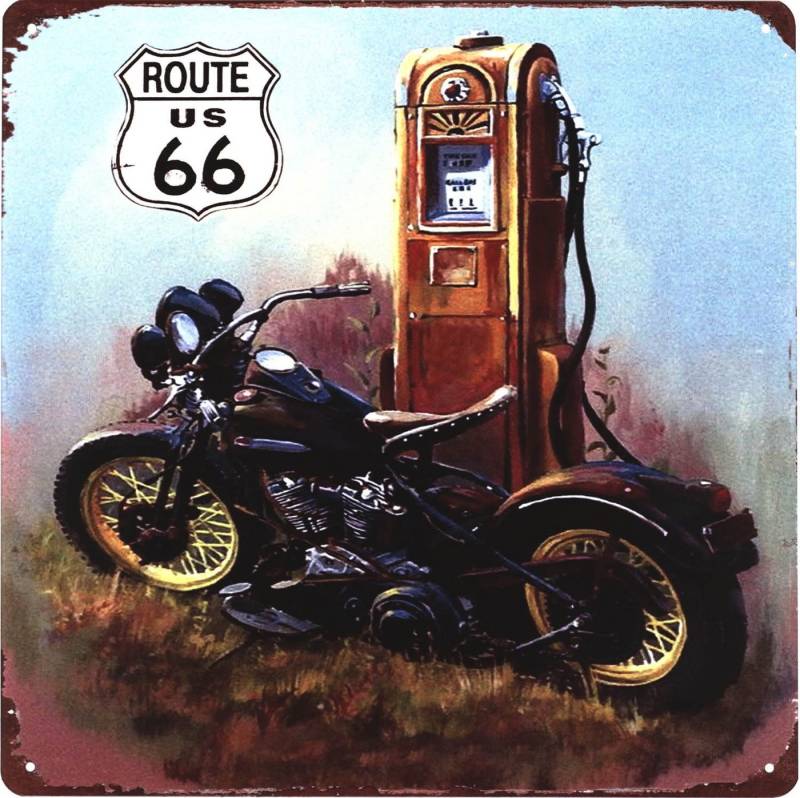 Moritz Metallschild Blechschild Route 66 US Motorrad Zapfsäule, (Einzeln), 30 x 30 cm Vintage Retro Deko Schild Metallschild Wandbild Schild von Moritz
