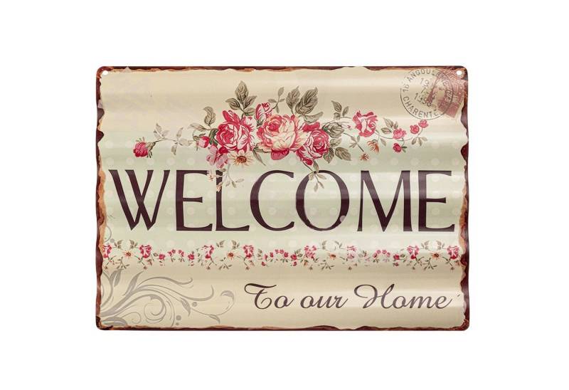 Moritz Metallschild Welcome Willkommen Zuhause Rosen Blumen, Blechschild 40 x 29 cm Retro Vintage Wand Schild Küche von Moritz