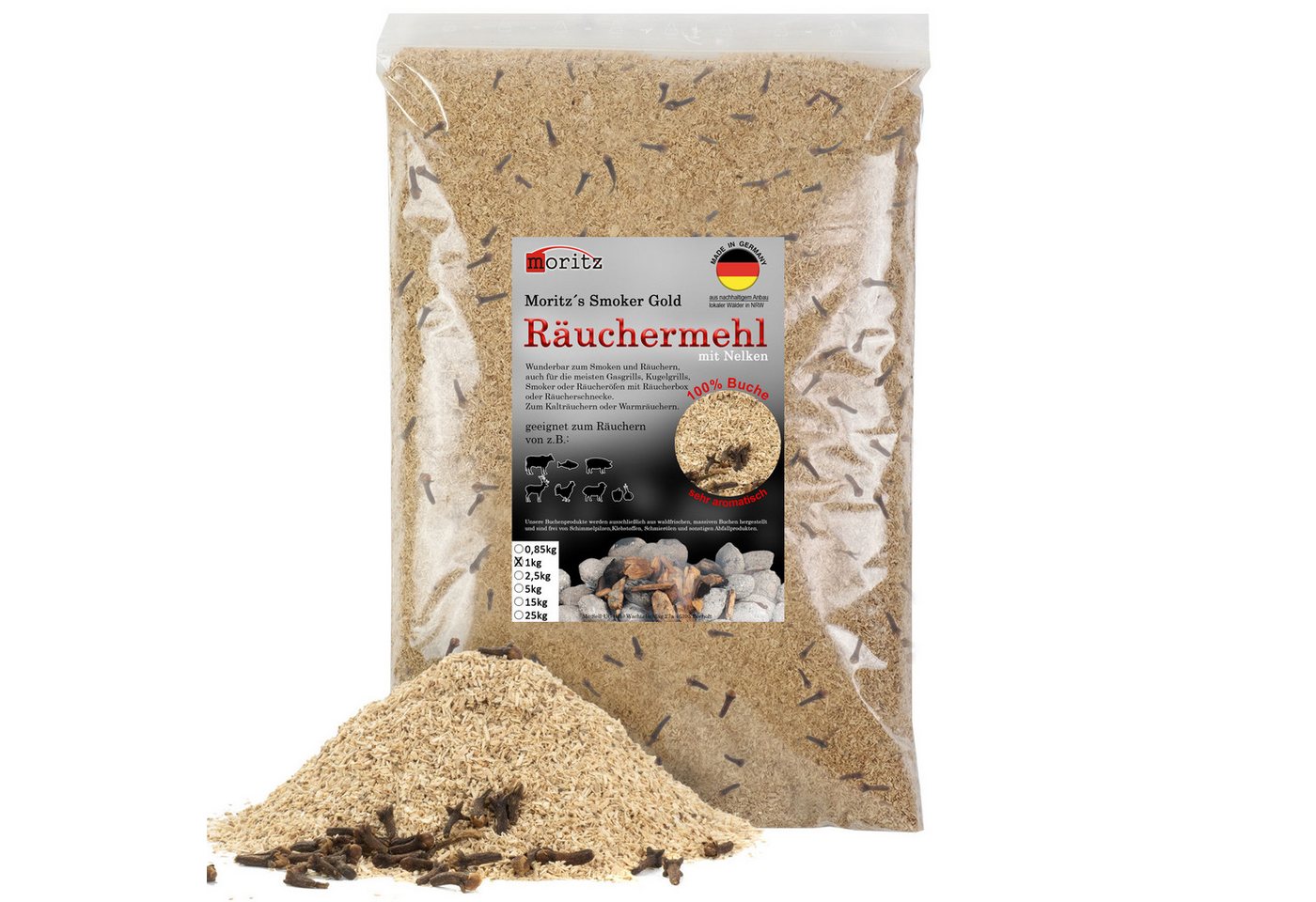 Moritz Räucherbox 1kg Räuchermehl Buche mit Nelke fein 0,5 -1 mm Räucher Mehl Späne für Schnecke Sparbrand Spirale Fisch Fleisch von Moritz