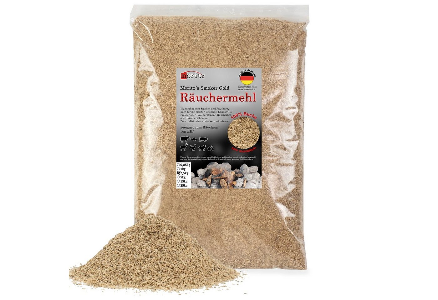 Moritz Räucherbox 2,5kg Räuchermehl Buche fein 0,5 -1 mm Räucher Mehl Späne für Schnecke Sparbrand Spirale Fisch Fleisch von Moritz