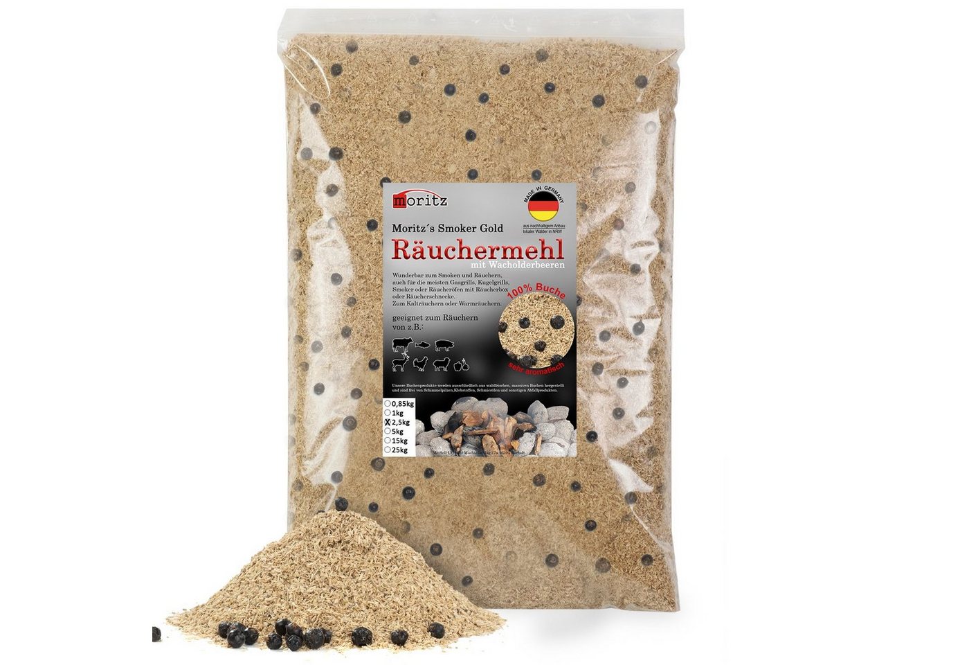 Moritz Räucherbox 2,5kg Räuchermehl Buche mit Wacholder fein 0,5 -1 mm Räucher Mehl Späne für Schnecke Sparbrand Spirale Fisch Fleisch von Moritz