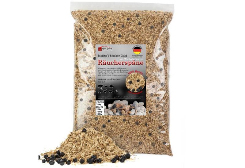 Moritz Räucherbox 2,5kg Räucherspäne Buche mit Wacholder fein 0,75 -2 mm Räucher Mehl Späne für Schnecke Sparbrand Spirale Fisch Fleisch von Moritz