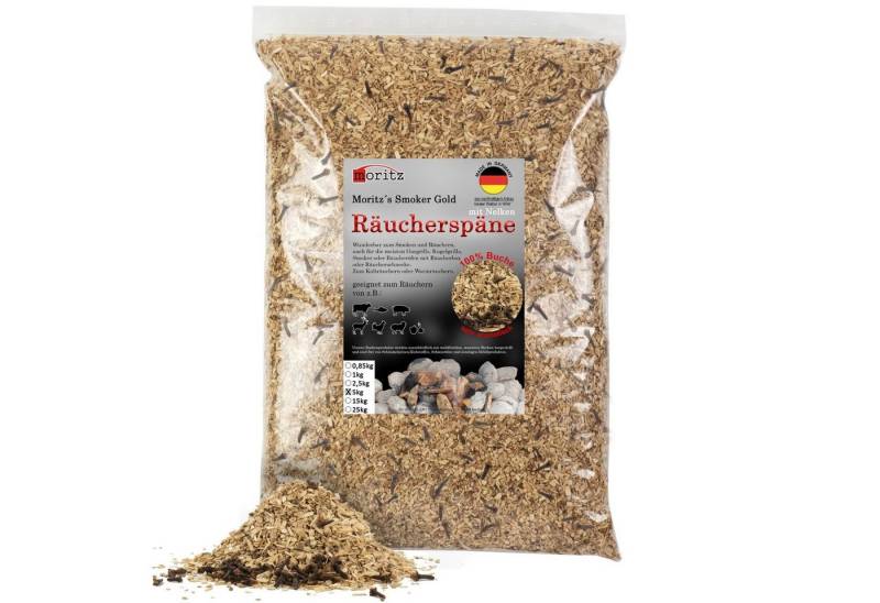 Moritz Räucherbox 5kg Räucherspäne Buche mit Nelke fein 0,75 -2 mm Räucher Mehl Späne für Schnecke Sparbrand Spirale Fisch Fleisch von Moritz