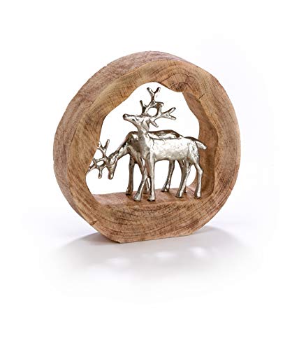 Moritz Skulptur Rentier Reindeers Silber Mangoholz/Alu Massive Mangoholz - Baumscheibe Handarbeit 28 x 27,5 cm von Moritz