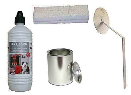 Moritz Starter Set 1 x 1000 ml Bio Ethanol + 1x Blechdose 250 ml mit Deckel + 1x Watte/Keramikwolle + 1x Flammenkiller für Brenner Kamin Ofen Sicherheitsbrenner Brennpaste von Moritz