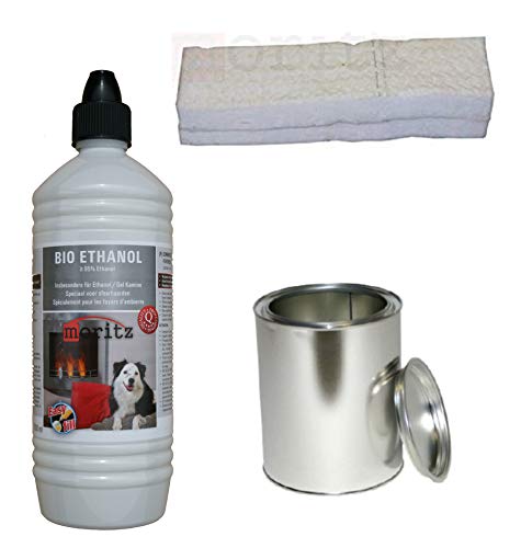 Moritz Starter Set 1 x 1000 ml Bio Ethanol + 1x Blechdose 250 ml mit Deckel + 1x Watte/Keramikwolle für Brenner Kamin Ofen Sicherheitsbrenner Brennpaste von Moritz