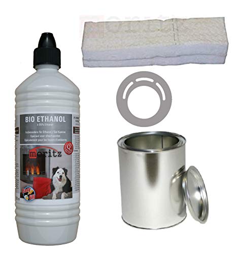 Moritz Starter Set 1 x 1000 ml Bio Ethanol + 1x Blechdose 500 ml mit Deckel + 1x Watte/Keramikwolle + 1x Sparplatte für Brenner Kamin Ofen Sicherheitsbrenner Brennpaste von Moritz