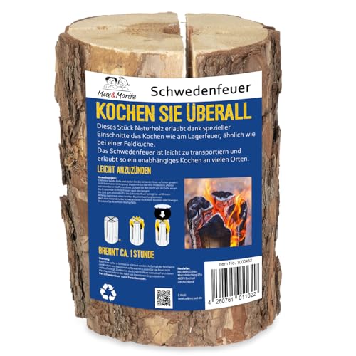 Schwedenfeuer mit Anzündhilfe aus Naturholz - Lagerfeuer-Stamm zum Kochen und Grillen - Outdoor Fackel aus Holz für Garten Terrasse Camping - brennt ca. 1 Stunde von Moritz