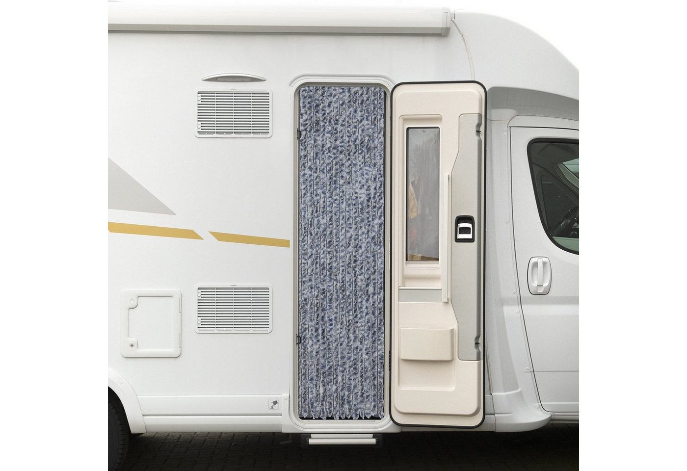 Türvorhang Flauschvorhang 56 x 185 cm blau grau meliert, Moritz, Hakenaufhängung (1 St), abdunkelnd, Chenille Vorhänge Camping Türvorhang Wohnwagen Wohnmobil Zubehör von Moritz