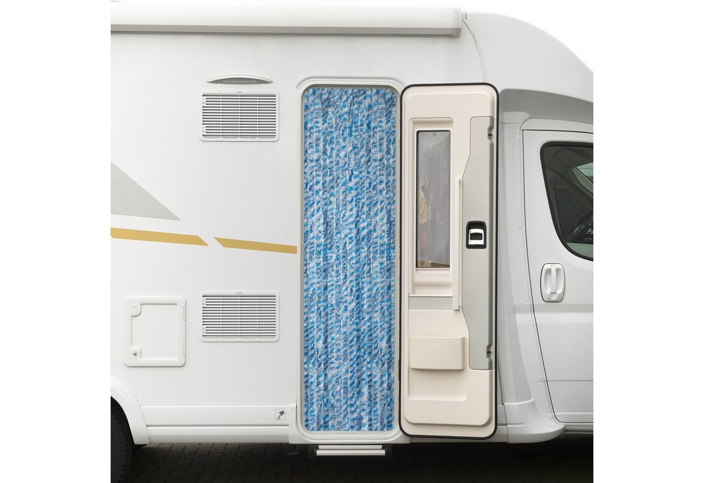 Türvorhang Flauschvorhang 56 x 185 cm blau grau weiß gestreift, Moritz, Hakenaufhängung, abdunkelnd, Chenille Vorhänge Camping Türvorhang Wohnwagen Wohnmobil Zubehör von Moritz