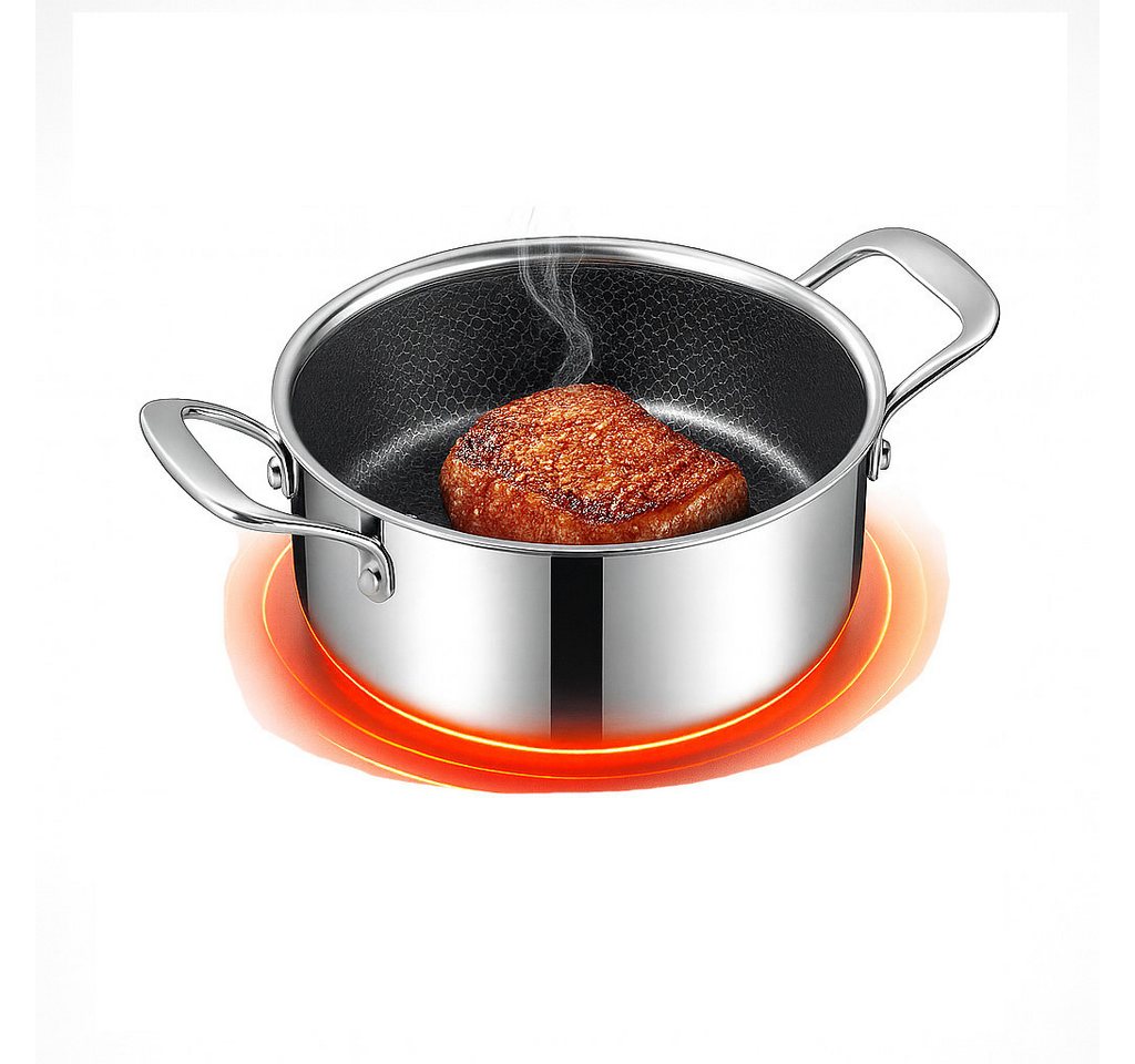 Morleos Kochtopf Ø 20 cm 3 Liter Waben-Keramik Schmortopf mit flachem Glasdeckel, Keramikbeschichtung mit Wabenstruktur aus Edelstahl (moderner flacher Glasdeckel mit Dampfloch, Pro Performance 3.0), kratzfeste Antihaft Keramikbeschichtung von Morleos