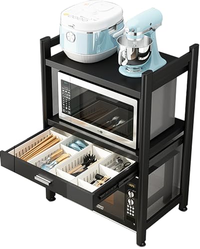 Morlinca Mikrowellen Regal Mit Schublade 2-3Stufiges Mikrowellen Ofenständer Küchen Organizer Küchenregal Stehend Gewürz Töpfe Und Pfannen Microwave Oven Toaster Coffee Machine,Schwarz,Third Layer von Morlinca