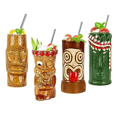Morlinca Tiki Mugs–Tiki Becher 4er Set–Keramik Tiki gläser Cocktailgläser Tiki Bar deko Tiki Cocktail Party–Tiki Themed Parties–Halloween Parties–Hawaiianische Party,A10 von Morlinca